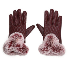 Load image into Gallery viewer, Women&#39;s Gloves - Quilted Pu Leather w/ Rabbit Fur Trim - Ailime Designs
