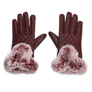 Women's Gloves - Quilted Pu Leather w/ Rabbit Fur Trim - Ailime Designs