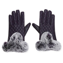 Load image into Gallery viewer, Women&#39;s Gloves - Quilted Pu Leather w/ Rabbit Fur Trim - Ailime Designs