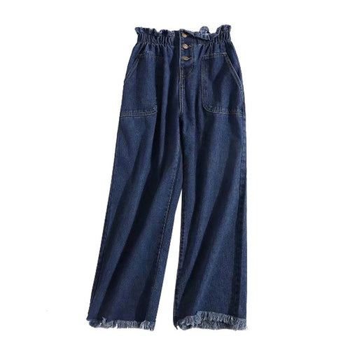 Women Ruffle Elastic High Waist Denim Jean Pants w/ Pockets - Ailime Designs