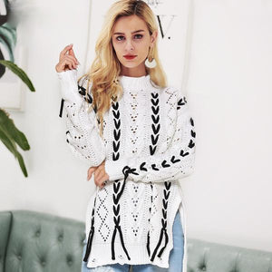 Black & White Ribbon Lace Design Sweaters For Women - Ailime Designs