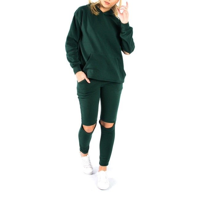 Women's 2PC/Sets Hoodie & Knee Cut-Outs - Front Side Pockets - Ailime Designs