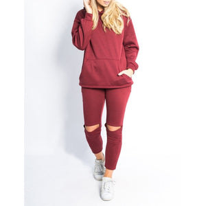 Women's 2PC/Sets Hoodie & Knee Cut-Outs - Front Side Pockets - Ailime Designs