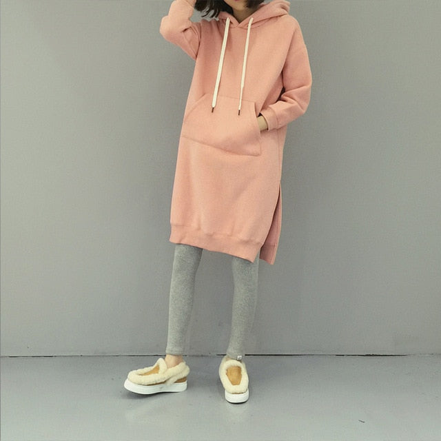 Women's Hooded Students Loose Style Casuals - Long Sweatshirt w/ Side Slits & Front Pockets