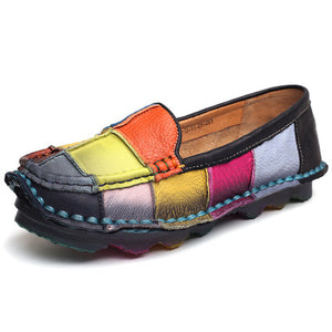 Women's Handmade Genuine Leather Block Colors Design Loafers