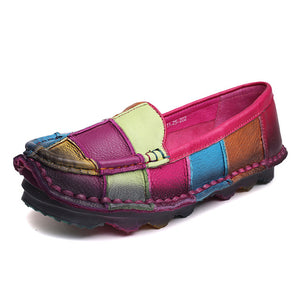 Women's Handmade Genuine Leather Block Colors Design Loafers