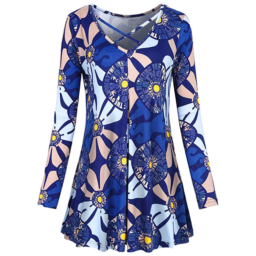 Women Ladies Floral Printing Long Sleeve Mini Dress Swing Dress - Ailime Designs