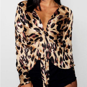 Women Fashion Leopard Print Top Long Sleeve V-Neck  Bandage Blouse - Ailime Designs