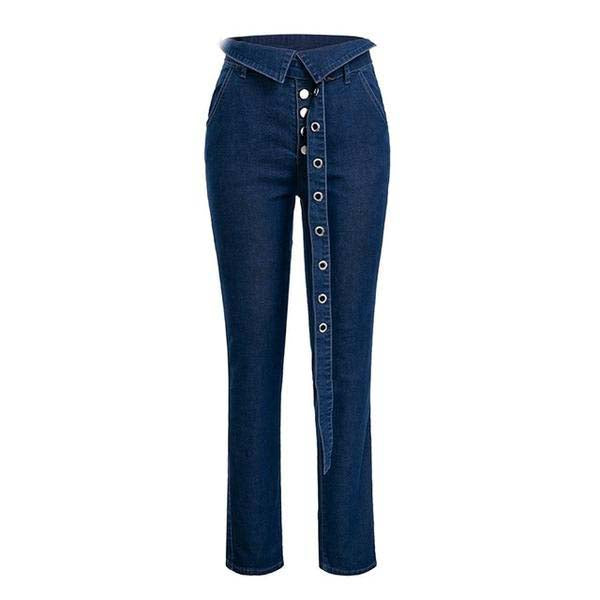 Plus Size Beauties Women's Cuff Style High Waist Jeans w/ Sash & Pockets - Ailime Designs