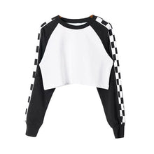 Load image into Gallery viewer, Black &amp;  White Checker Sleeve Crop Top For Women