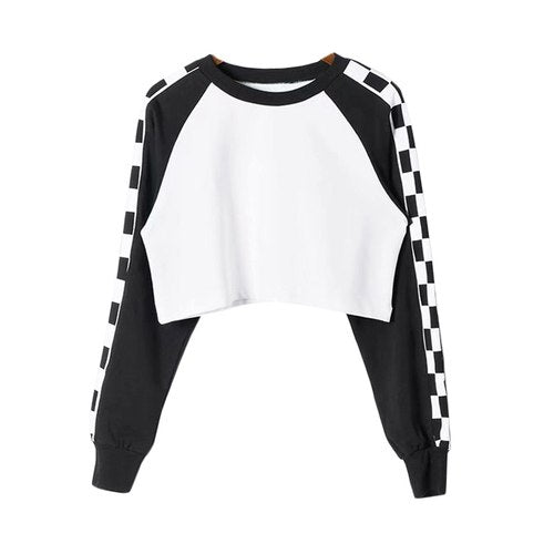 Black &  White Checker Sleeve Crop Top For Women