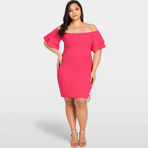 Women Sexy Plus Size Dress Solid Off the Shoulder Layer Sleeve Lace Up Elegant Slim Dress Rose - Ailime Designs