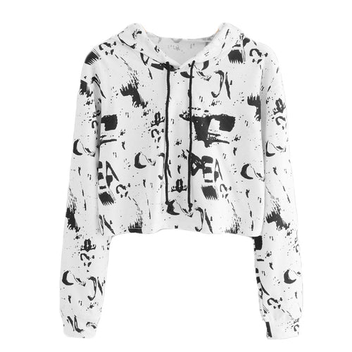 Women's Crop-top Long Sleeve Hooded Sweatshirts w/ Drawstring Tie - Ailime Designs