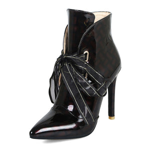 Women's Patent Leather Snake Print Design Ankle Boots w/ Ribbon Tie - Ailime Designs