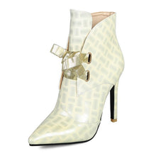 Load image into Gallery viewer, Women&#39;s Patent Leather Snake Print Design Ankle Boots w/ Ribbon Tie - Ailime Designs
