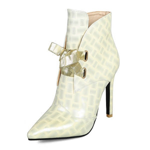 Women's Patent Leather Snake Print Design Ankle Boots w/ Ribbon Tie - Ailime Designs