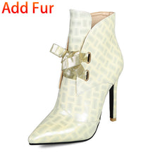 Load image into Gallery viewer, Women&#39;s Patent Leather Snake Print Design Ankle Boots w/ Ribbon Tie - Ailime Designs
