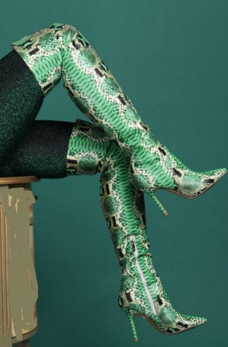 Women's Python Snake Print Design Thigh High Boots