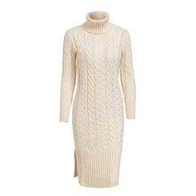 Load image into Gallery viewer, Elegant Rope Twist Rib Design Knitted Sweater Dresses w/ Back Slit &amp; Turtle neck - Ailime Designs