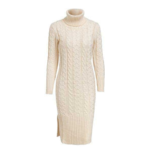 Elegant Rope Twist Rib Design Knitted Sweater Dresses w/ Back Slit & Turtle neck - Ailime Designs