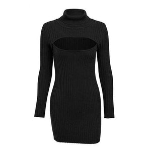 Women's Long Sleeve Turtle neck Ribbed Fitted Bodycon Knit Dresses w/ Hollow-out Chest - Ailime Designs
