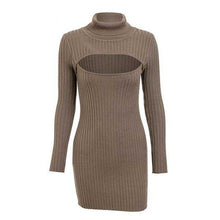 Load image into Gallery viewer, Women&#39;s Long Sleeve Turtle neck Ribbed Fitted Bodycon Knit Dresses w/ Hollow-out Chest - Ailime Designs
