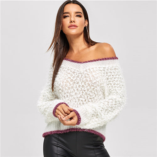 White Modern Women's Ribbed Trim Sweaters - Ailime Designs