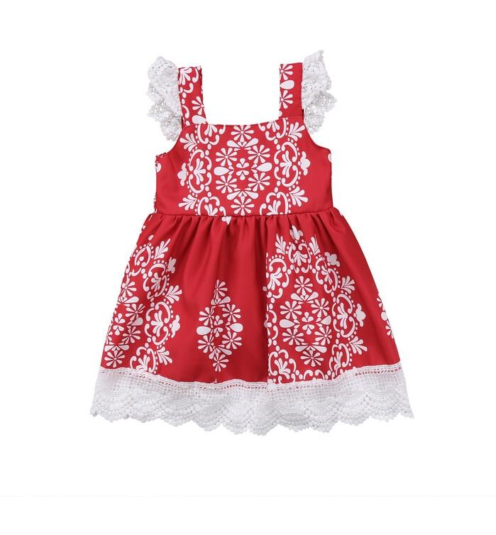 Children's Red Geometric Lace Trim Design Dresses - Ailime Designs - Ailime Designs