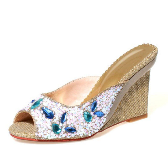Women's Beautiful Handcrafted Bohemian Crystal Design Wedge Mules - Ailime Designs
