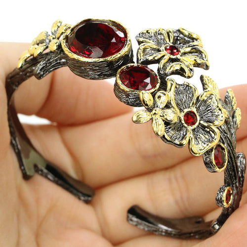 Vintage Faux Ruby Red Stones w/ Flower Motifs Inset Woman's Cuff Bracelet - Ailime Designs