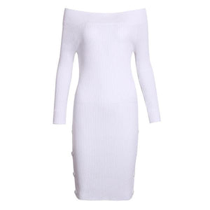 Slash Neck Off-The-Shoulders Women's Rib Knitted White Sweater Dress - Ailime Designs