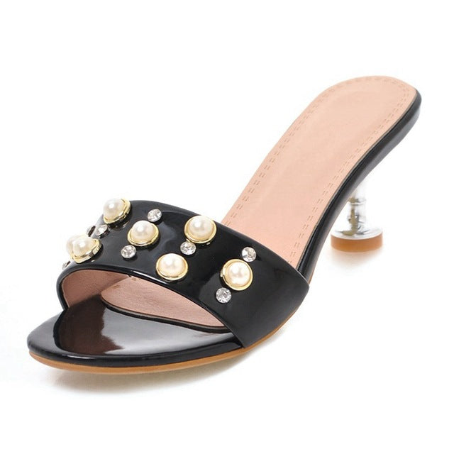 Women's Patent Leather Faux Pearl Design Mules - Ailime Designs
