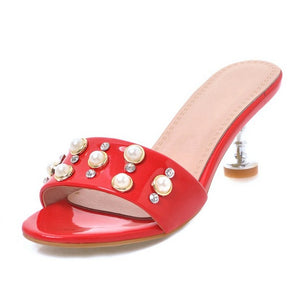 Women's Patent Leather Faux Pearl Design Mules - Ailime Designs