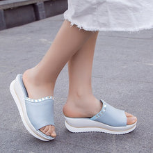 Load image into Gallery viewer, Large Size Summer Slides Women Platform Wedge Slippers Ladies Mid  Heels Shoes Pearl Bling Open Toe Comfortable Slippers A801 - Ailime Designs