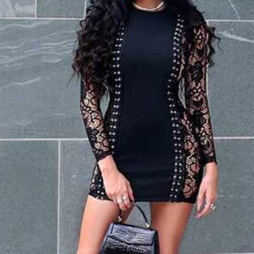 Black Bodycon Mini Dress w/ Lace Long Sleeves - Ailime Designs