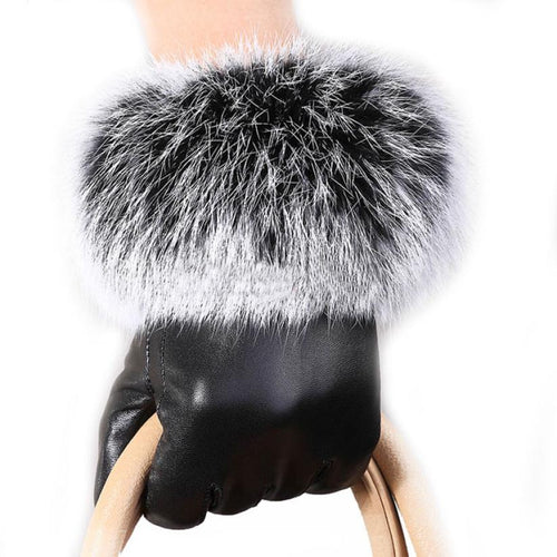 Women's PU Leather Gloves w/ Rabbit Trim Fur - Autumn Winter Accessories - Ailime Designs