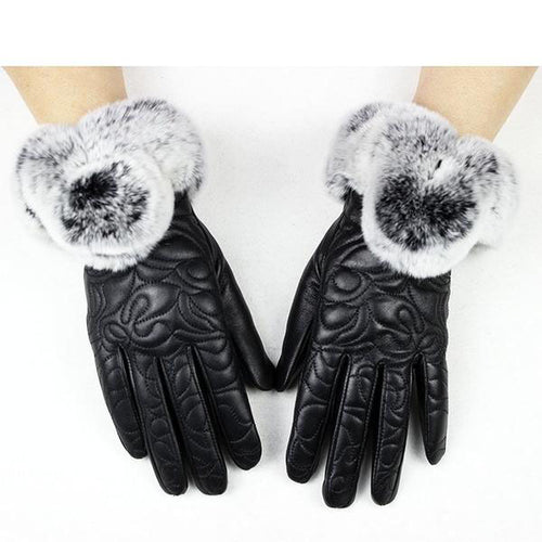 Women's Quilted Sheepskin Leather Gloves w/ Rex Rabbit Trim Fur  - Lovely - Ailime Designs
