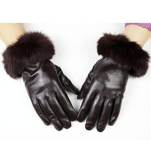 Genuine Sheepskin Leather  Gloves - Women's Rabbit Fur Cuffs Trim Winter Accessories - Ailime Designs