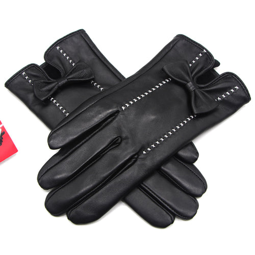 Women's Top-Stitched Gloves - Warm Natural Sheepskin Fur Gloves w/ Bow Motif - Ailime Designs