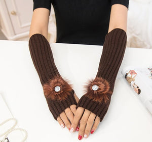 Fluted Knit Long Sleeve Arm Fingerless Glove Warmers w/ Fur Flower Motif & Stone Inset - Ailime Designs