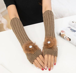 Fluted Knit Long Sleeve Arm Fingerless Glove Warmers w/ Fur Flower Motif & Stone Inset - Ailime Designs