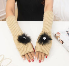 Load image into Gallery viewer, Fluted Knit Long Sleeve Arm Fingerless Glove Warmers w/ Fur Flower Motif &amp; Stone Inset - Ailime Designs