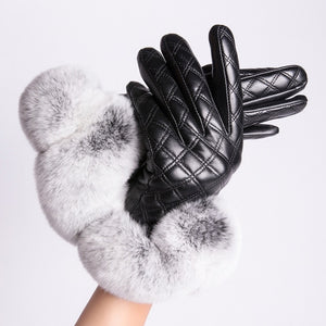 Warm Fashionable Women's Rex Rabbit Fur Gloves - Genuine Sheep Leather - Ailime Designs