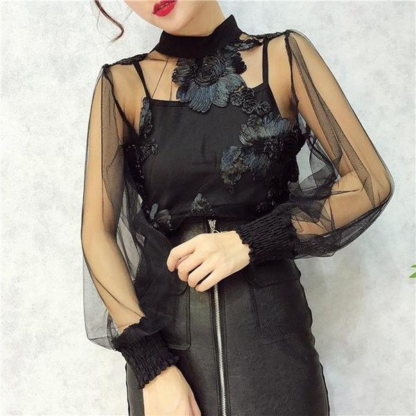 Women's Sheer Elegance Embroidered Flowers Motif Balloon Sleeve Blouses - Ailime Designs
