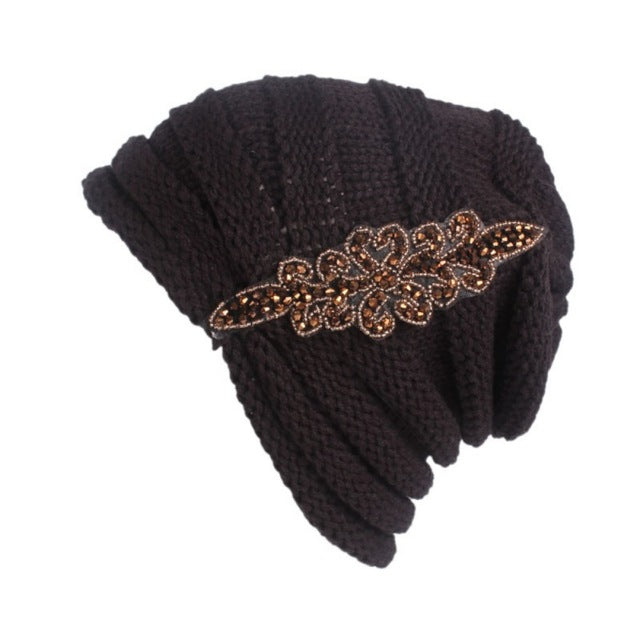 Fashion Beanies w/ Rhinestone Flower Motifs - Fluted Knit Design