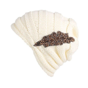 Fashion Beanies w/ Rhinestone Flower Motifs - Fluted Knit Design