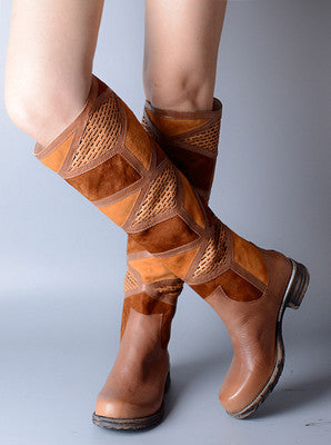 Women's Leather Skin Block Print Design Knee-High Boots