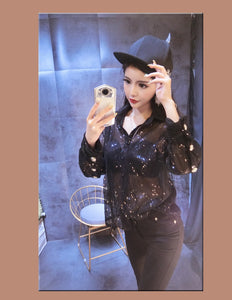 Women's Sequin Button Collar Long Sleeves Blouses - Ailime Designs