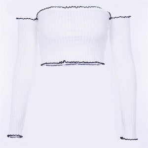Bandeau Design Women's Elastic Stretch Crop Top w/ Long Sleeves & Contrast Thread - Ailime Designs
