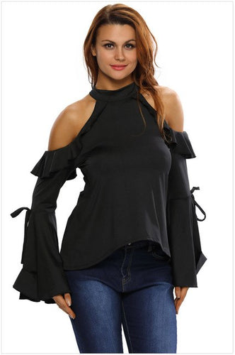 Wide Flare Long Sleeve Women's Ruffle Hollow-out Shoulders Sexy Tops - Ailime Designs
